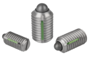 Federnde Druckstücke mit Schlitz und Druckstift, Edelstahl, mit Gewindesicherung Federnde Druckstücke mit Schlitz und Druckstift, Edelstahl, mit Gewindesicherung