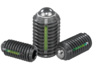 Federnde Druckstücke mit Innensechskant und Kugel, Stahl, mit Gewindesicherung Federnde Druckstücke mit Innensechskant und Kugel, Stahl, mit Gewindesicherung