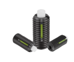 Federnde Druckstücke mit Innensechskant und Druckstift aus POM abgeflacht, Stahl, mit Gewindesicherung Federnde Druckstücke mit Innensechskant und Druckstift aus POM abgeflacht, Stahl, mit Gewindesicherung