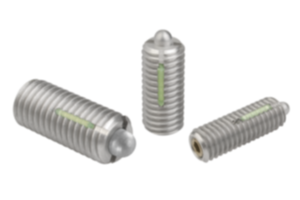 Federnde Druckstücke mit Innensechskant und Druckstift, Edelstahl, mit Gewindesicherung Federnde Druckstücke mit Innensechskant und Druckstift, Edelstahl, mit Gewindesicherung