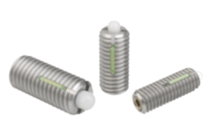 Federnde Druckstücke mit Innensechskant und Druckstift aus POM, Edelstahl, mit Gewindesicherung Federnde Druckstücke mit Innensechskant und Druckstift aus POM, Edelstahl, mit Gewindesicherung