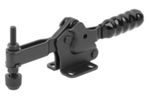 Schnellspanner Stahl schwarz, horizontal mit waagrechtem Fuß und verstellbarer Andruckspindel