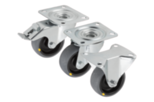 Stahlblech-Lenk- und Bockrollen, elektrisch leitfähig, mit Gummi-Laufbelag, Standard-Ausführung Stahlblech-Lenk- und Bockrollen, elektrisch leitfähig, mit Gummi-Laufbelag, Standard-Ausführung