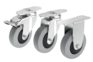 Apparate-Lenk- und Bockrollen Stahl, Laufbelag Elastik- Vollgummi für Aluminiumprofile Apparate-Lenk- und Bockrollen Stahl, Laufbelag Elastik- Vollgummi für Aluminiumprofile