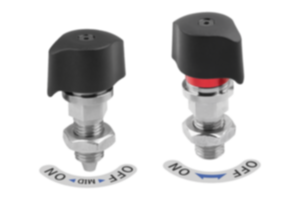 Arretierbolzen Stahl mit Drehbetätigung, Drehkopf Kunststoff und konischem Arretierstift Arretierbolzen Stahl mit Drehbetätigung, Drehkopf Kunststoff und konischem Arretierstift