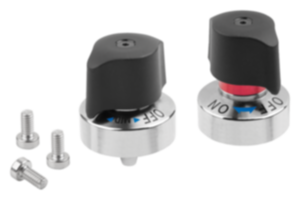 Arretierbolzen Stahl mit Drehbetätigung, Drehkopf Kunststoff und konischem Arretierstift Arretierbolzen Stahl mit Drehbetätigung, Drehkopf Kunststoff und konischem Arretierstift